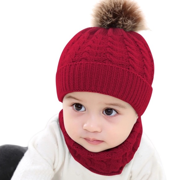Infant/Baby Red Hat with Pom Pom & Ring Scarf - Picture 2 of 11